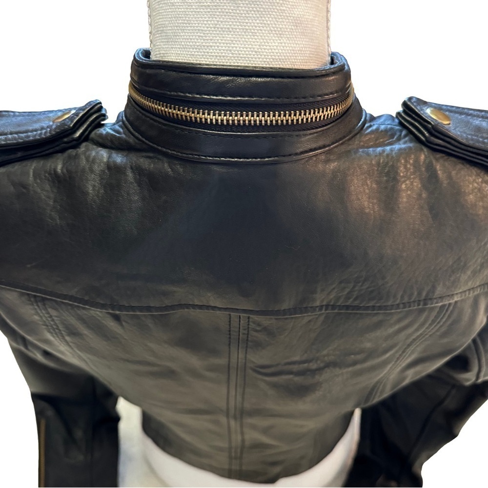 GILI Leather Black Moto Jacket Coat Size 4 Gold Hardware Pockets Zippers NEW - Picture 10 of 16